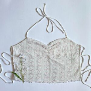 White floral halter crop top